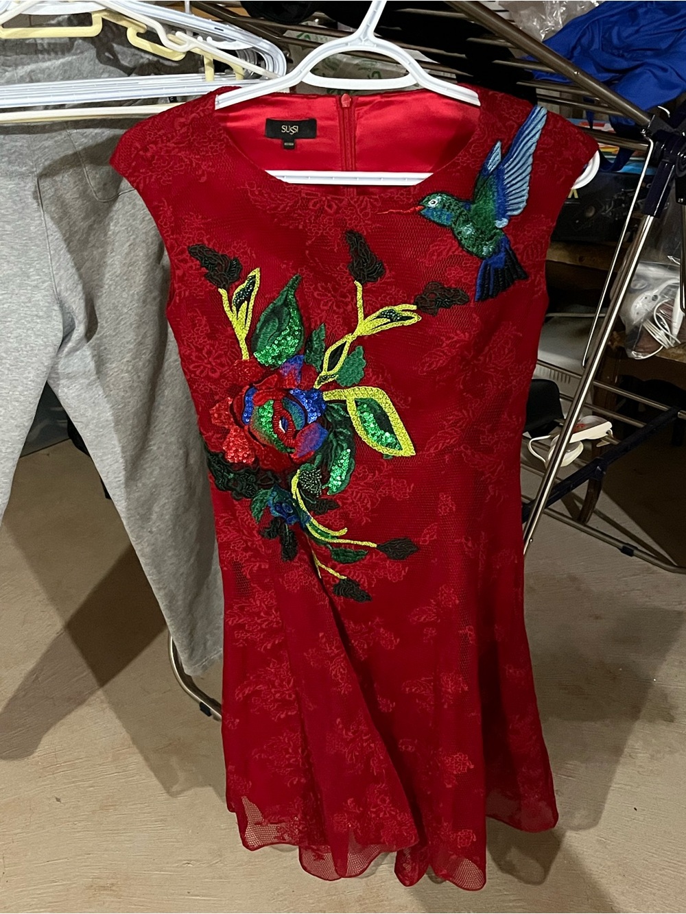 SUSSI Red Embroidered Floral & hummingbird dress